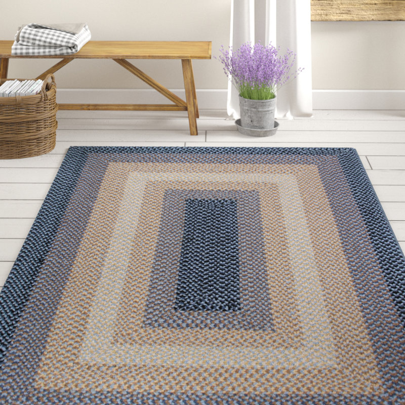August Grove® Monnie Geometric Braided Wool Beige/Blue Area Rug